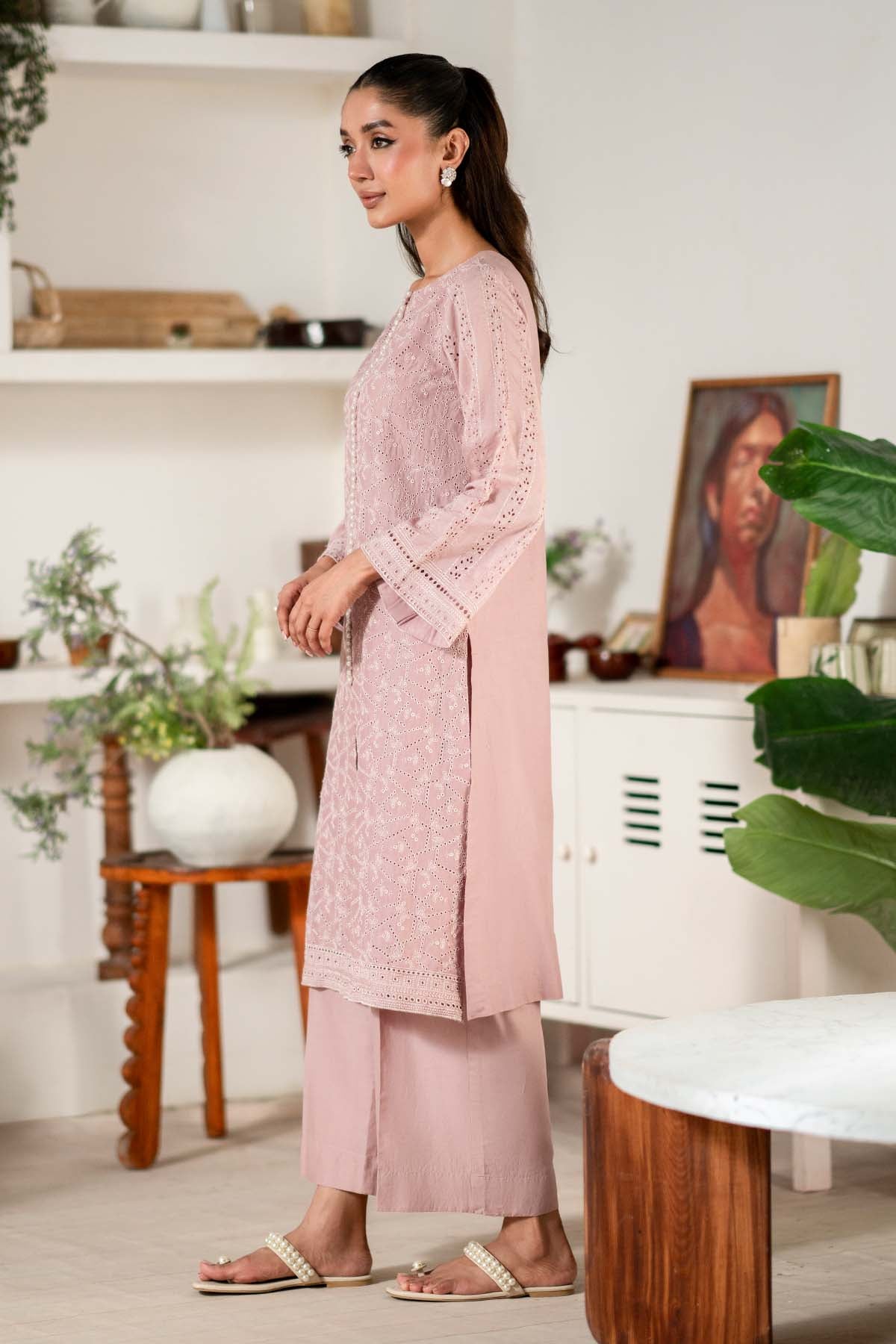 Pakistani Dusty Pink Schiffli Embroidered Cambric Lawn (2-Piece) - Image 3