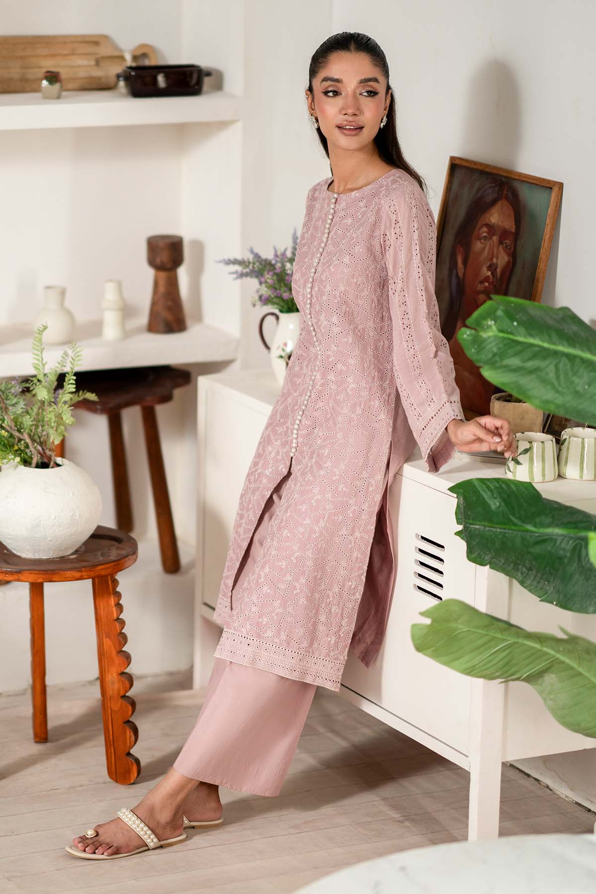 Pakistani Dusty Pink Schiffli Embroidered Cambric Lawn (2-Piece) - Image 4