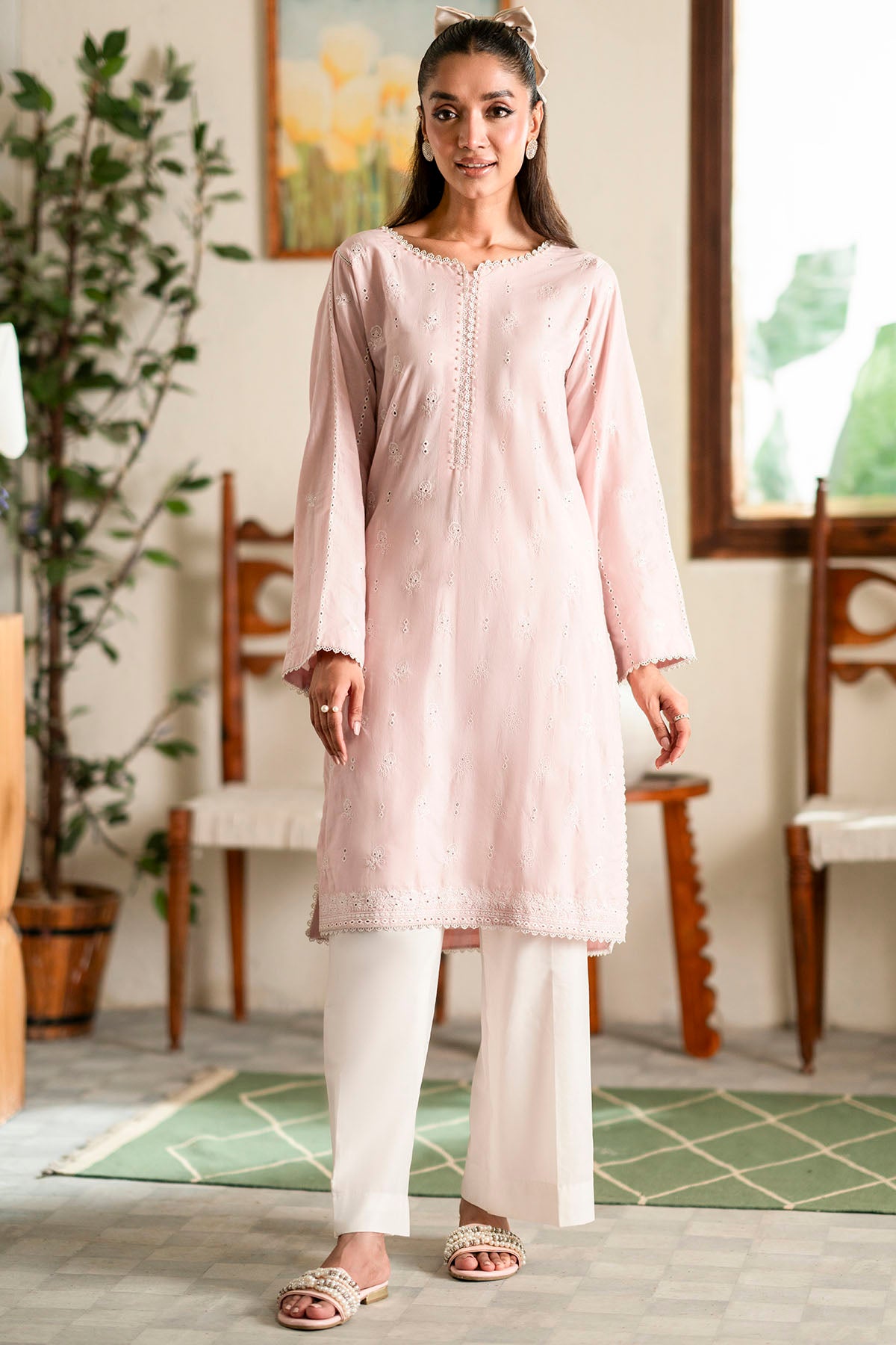 Soft Pink Schiffli Embroidered Cambric Lawn Shirt (1-Pc) - Image 1
