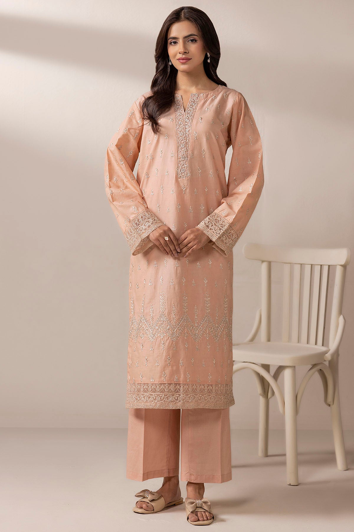Pakistani Peach Embroidered Cambric Lawn Salwar Kameez (2-Piece) - Image 1
