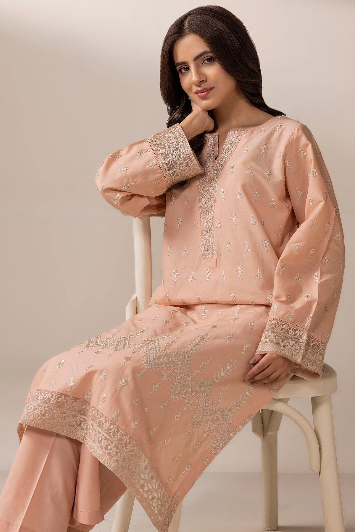 Pakistani Peach Embroidered Cambric Lawn Salwar Kameez (2-Piece) - Image 2