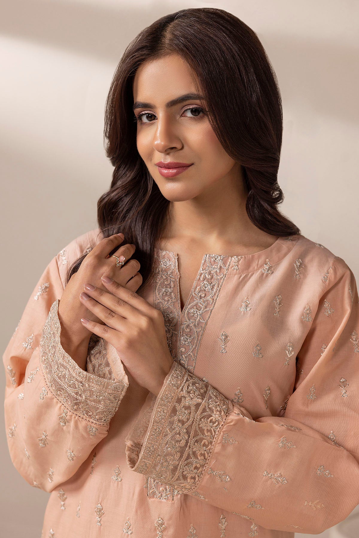 Pakistani Peach Embroidered Cambric Lawn Salwar Kameez (2-Piece) - Image 3