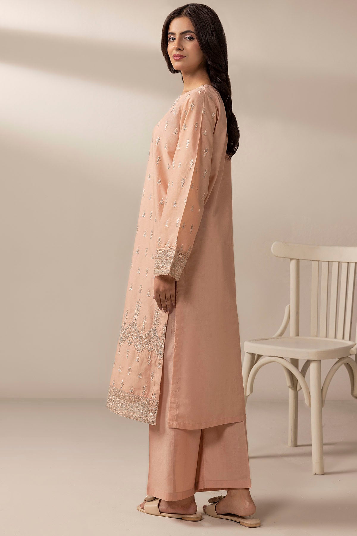 Pakistani Peach Embroidered Cambric Lawn Salwar Kameez (2-Piece) - Image 4
