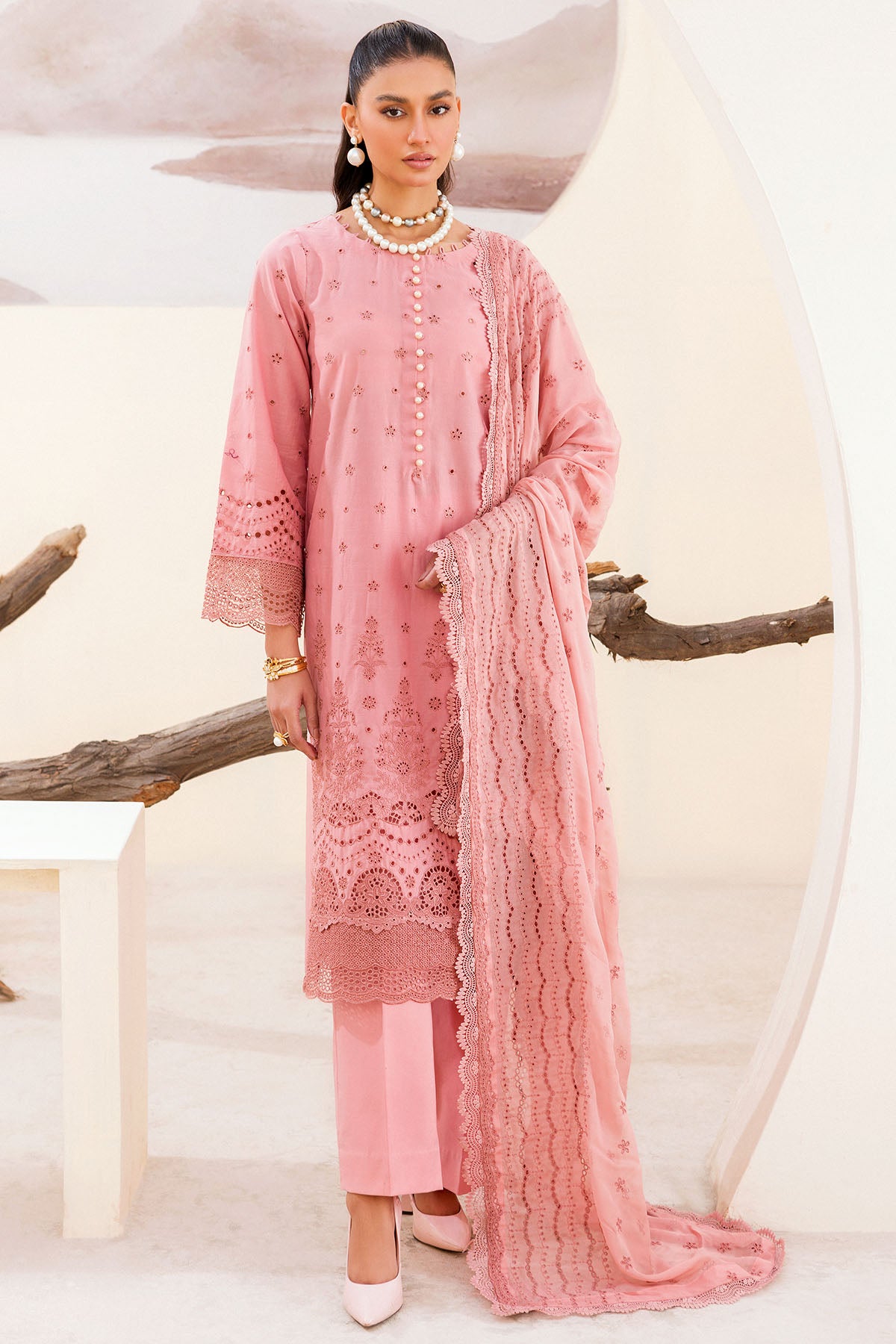Orchid Pink Schiffli Embroidered Cambric 3-Piece Suit - Image 1
