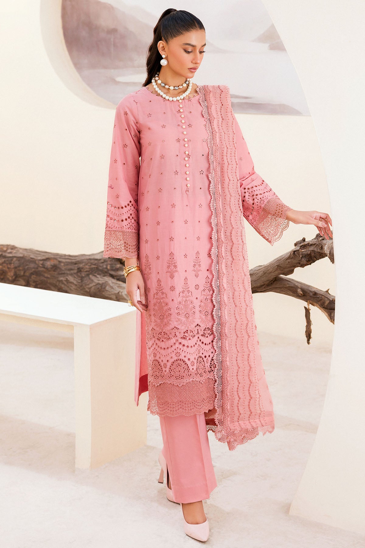 Orchid Pink Schiffli Embroidered Cambric 3-Piece Suit - Image 2