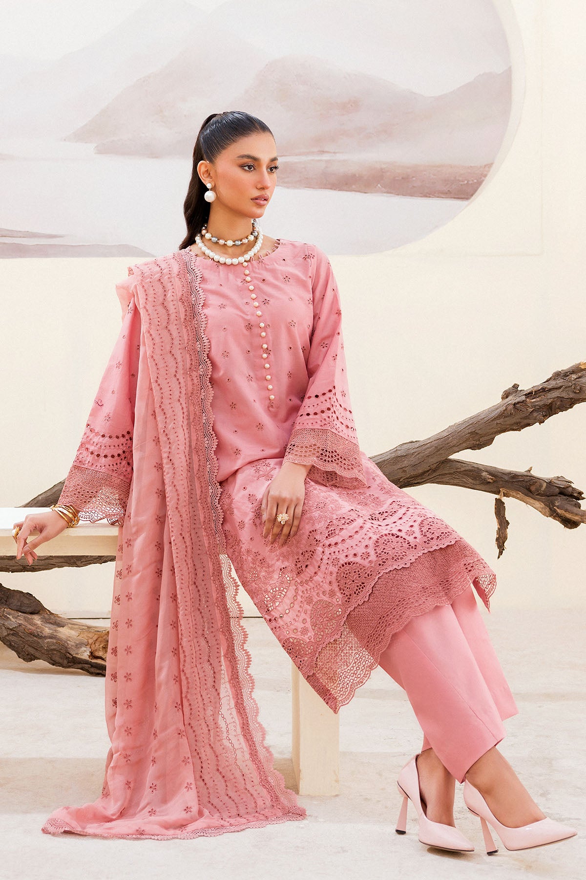 Orchid Pink Schiffli Embroidered Cambric 3-Piece Suit - Image 4