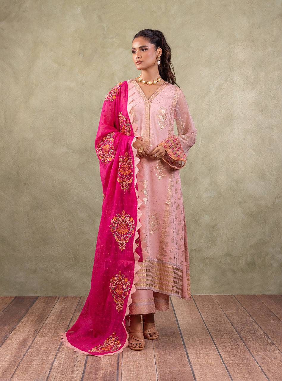 Soft Pink Block Printed Chiffon Salwar Kameez (3-Piece) - Image 4