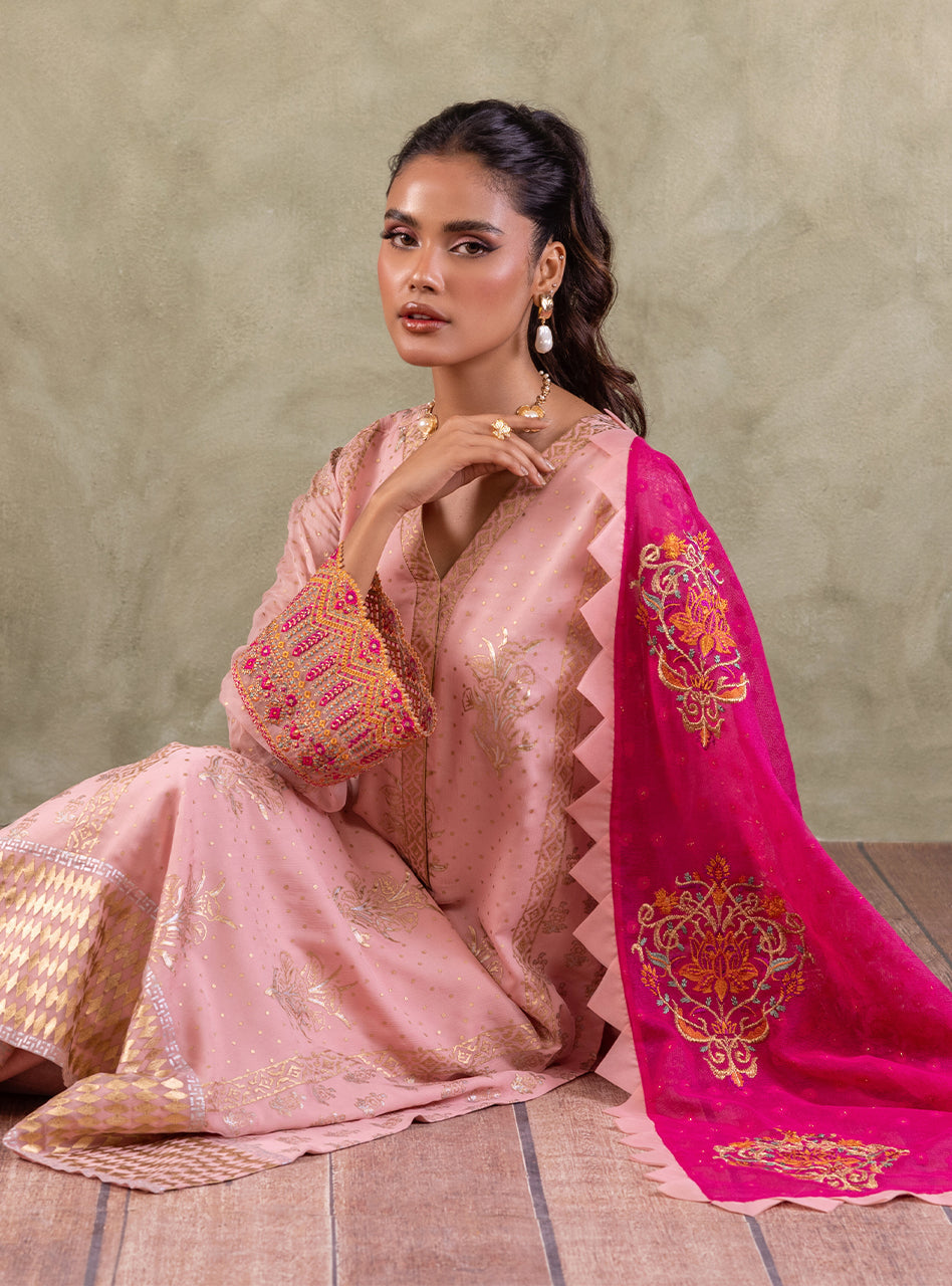 Soft Pink Block Printed Chiffon Salwar Kameez (3-Piece) - Image 5