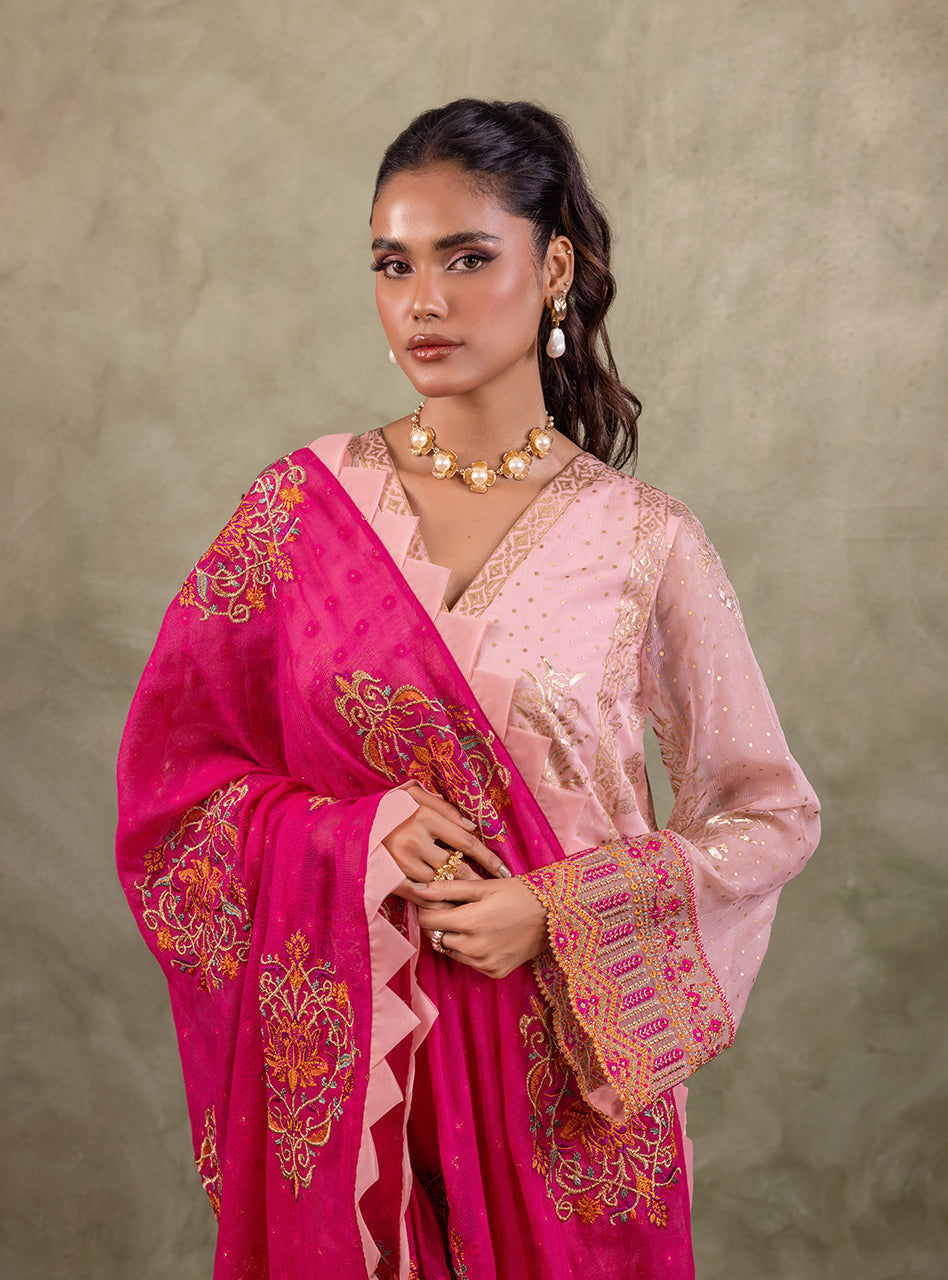Soft Pink Block Printed Chiffon Salwar Kameez (3-Piece) - Image 6