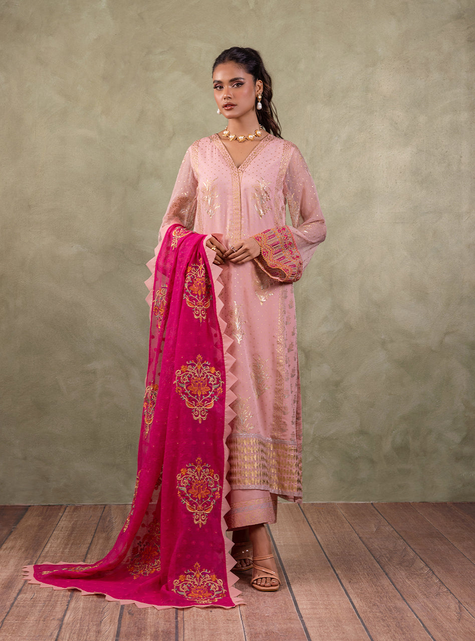 Soft Pink Block Printed Chiffon Salwar Kameez (3-Piece) - Image 7