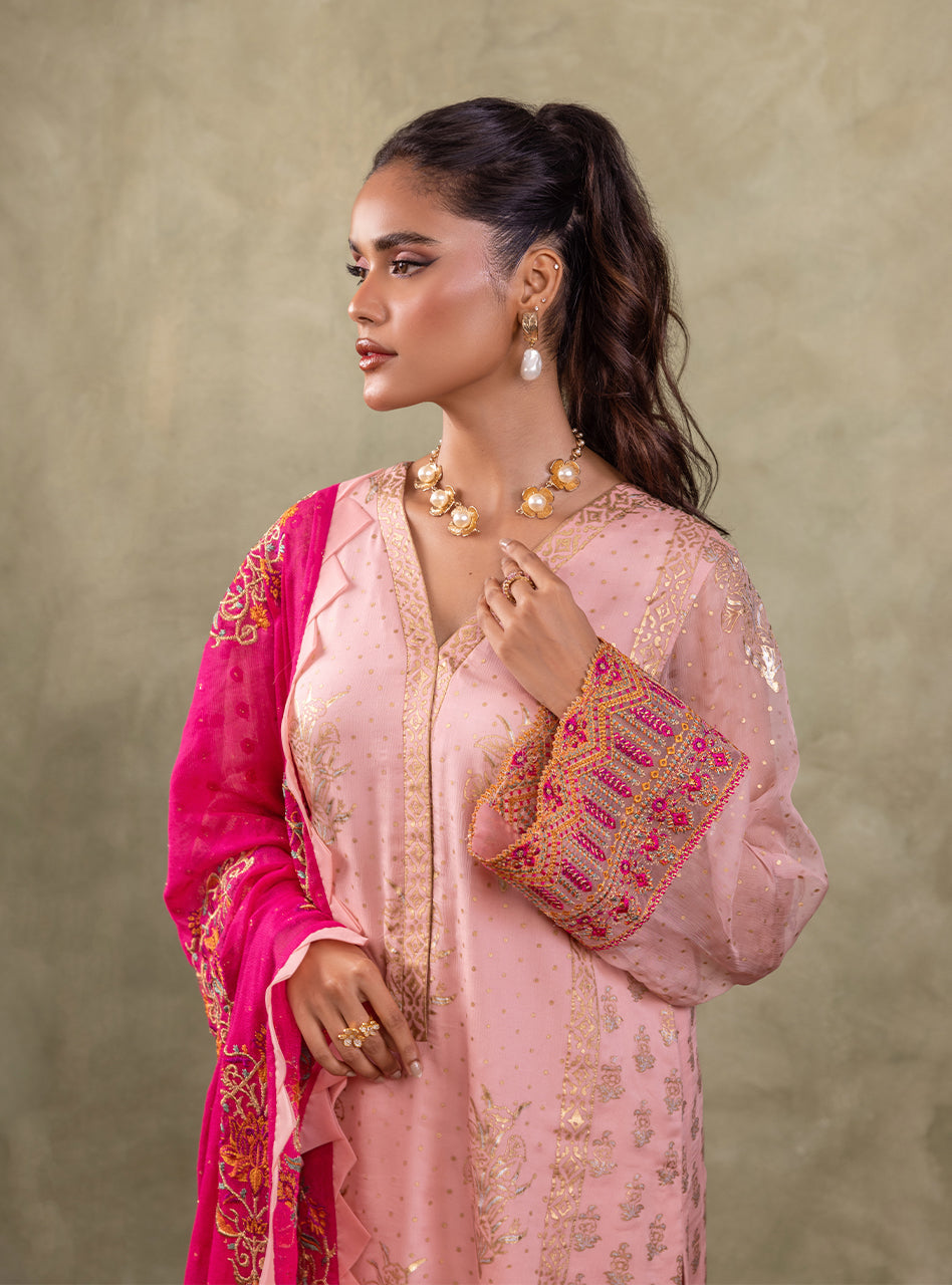 Soft Pink Block Printed Chiffon Salwar Kameez (3-Piece) - Image 9