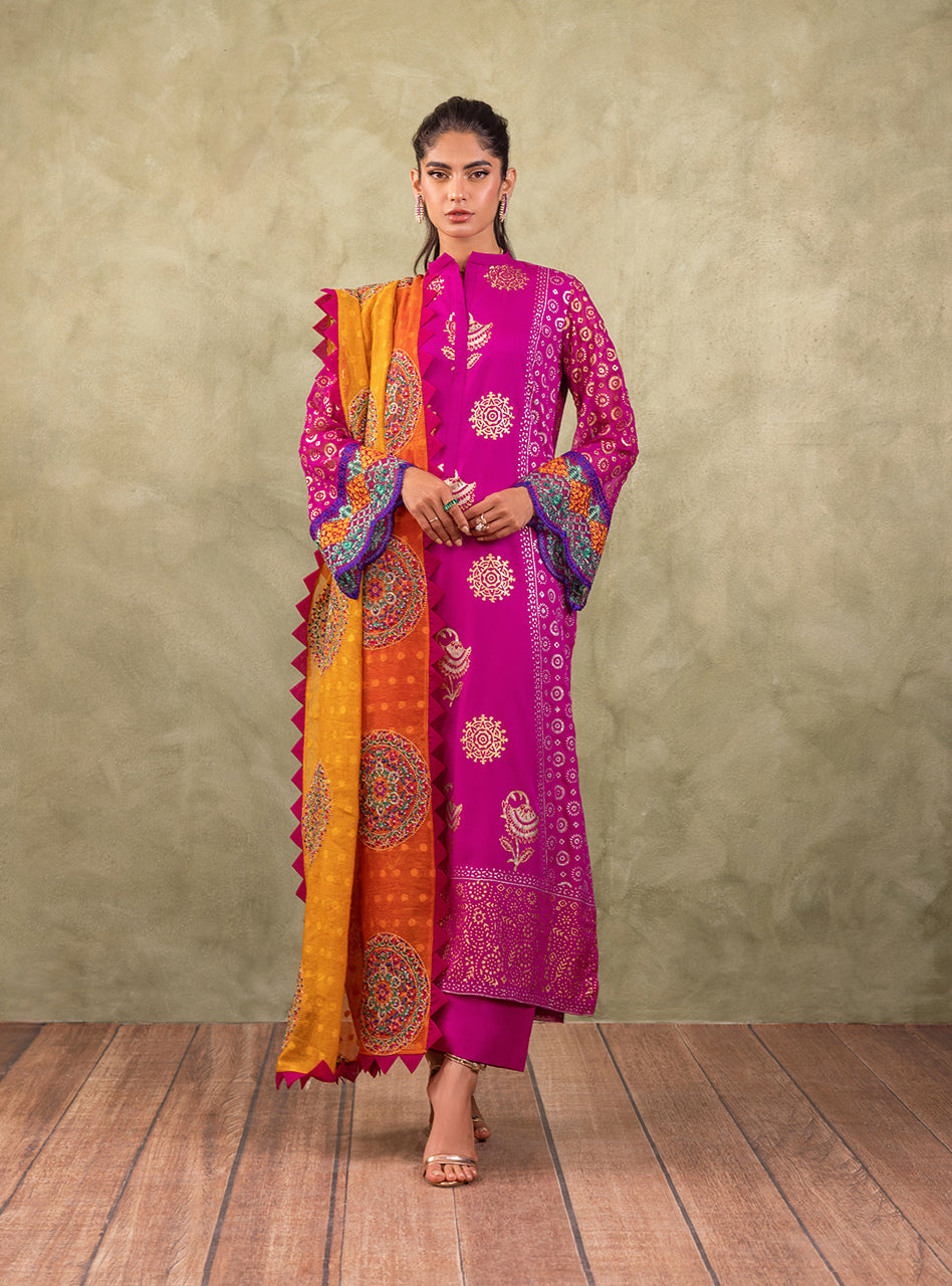 Pakistani Magenta Block Printed Pure Chiffon Salwar Kameez (3-Piece) - Image 1
