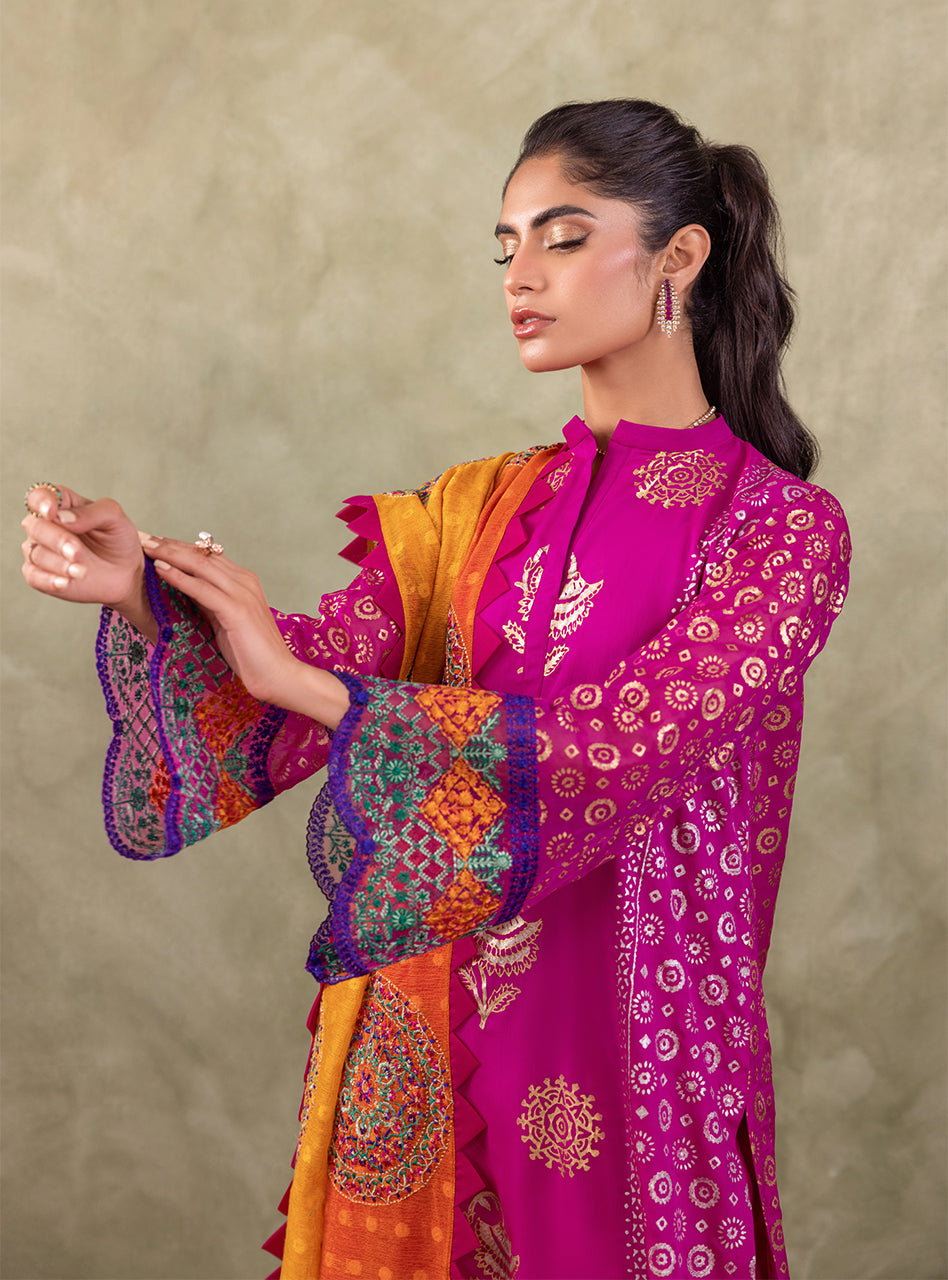 Pakistani Magenta Block Printed Pure Chiffon Salwar Kameez (3-Piece) - Image 2