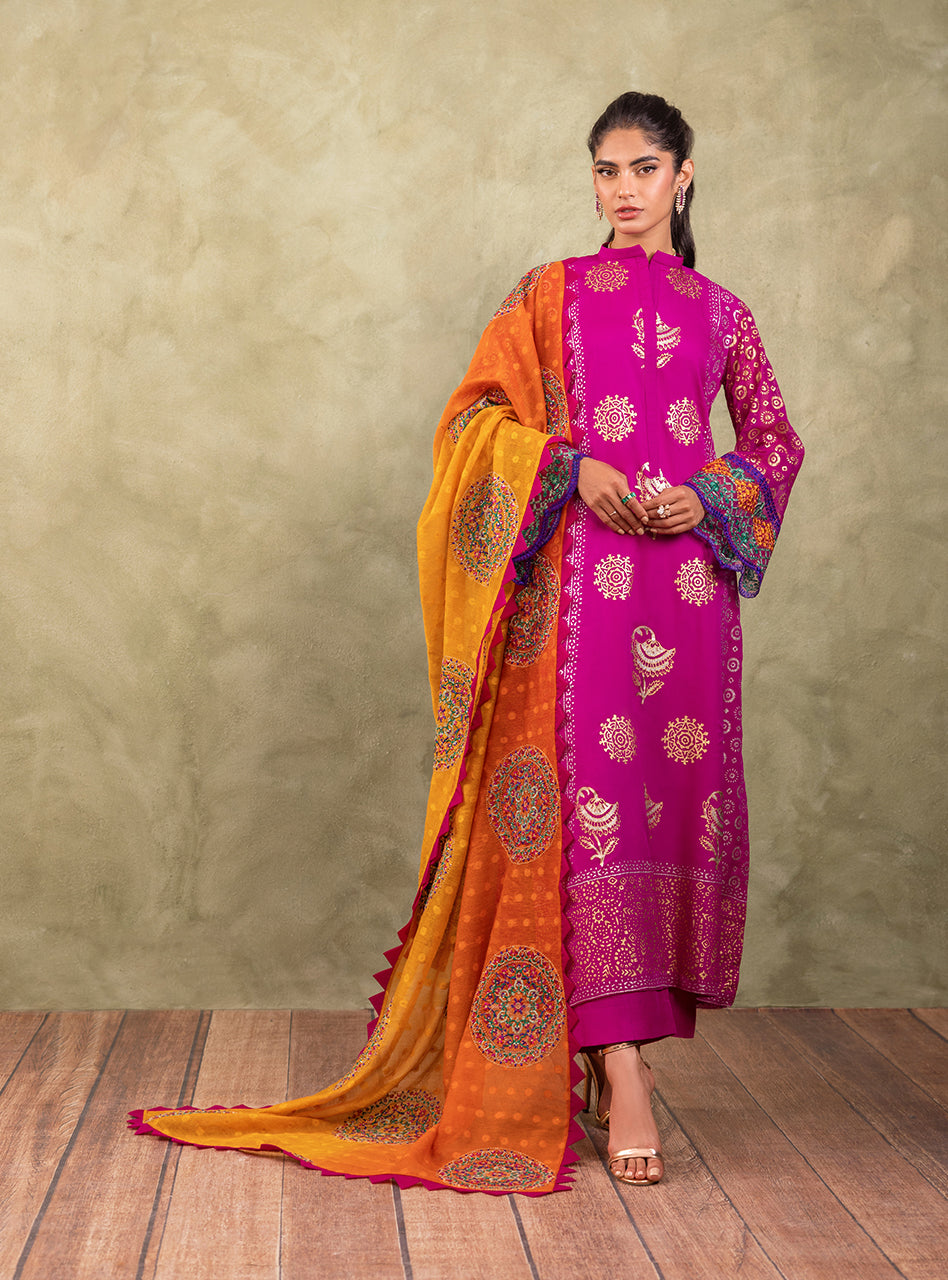 Pakistani Magenta Block Printed Pure Chiffon Salwar Kameez (3-Piece) - Image 3