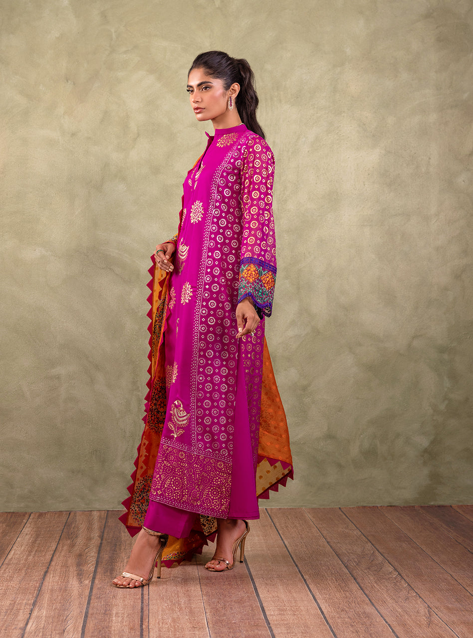 Pakistani Magenta Block Printed Pure Chiffon Salwar Kameez (3-Piece) - Image 4