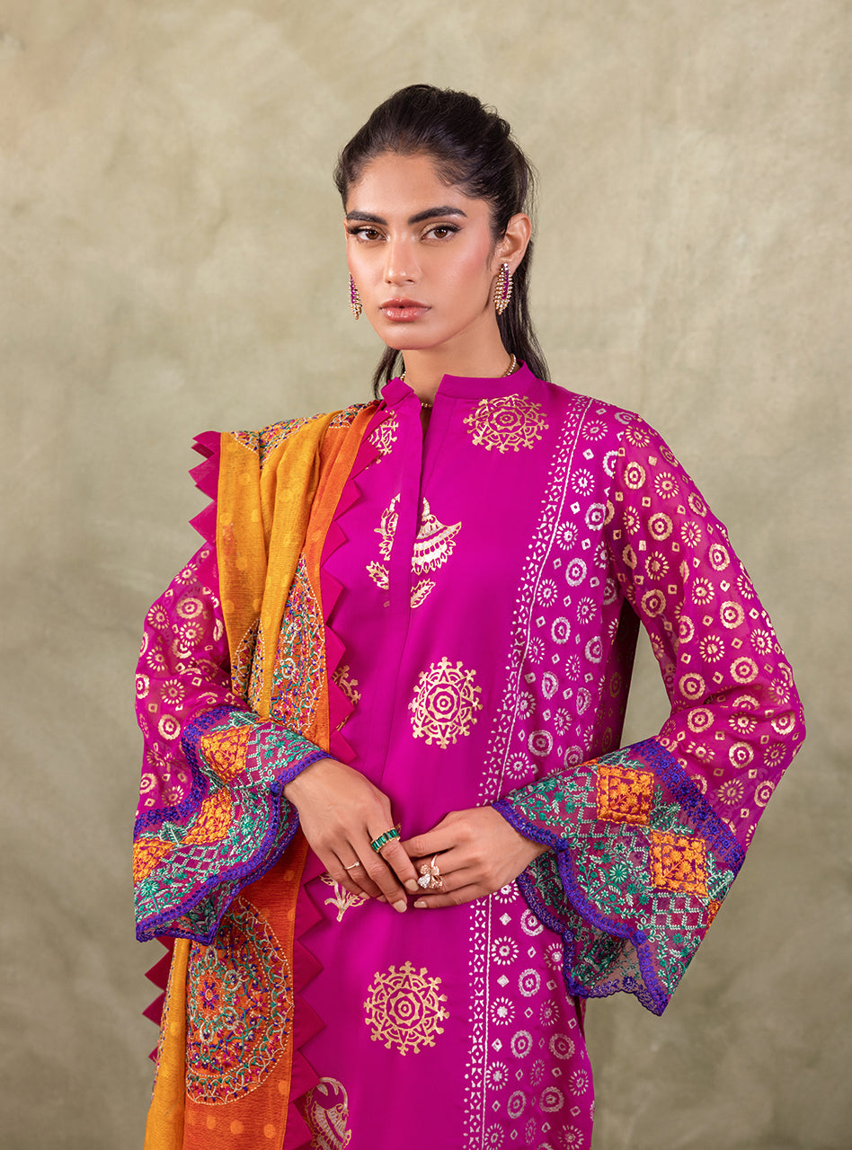 Pakistani Magenta Block Printed Pure Chiffon Salwar Kameez (3-Piece) - Image 6