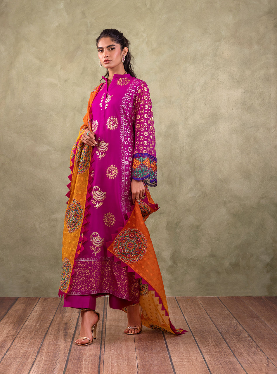 Pakistani Magenta Block Printed Pure Chiffon Salwar Kameez (3-Piece) - Image 7