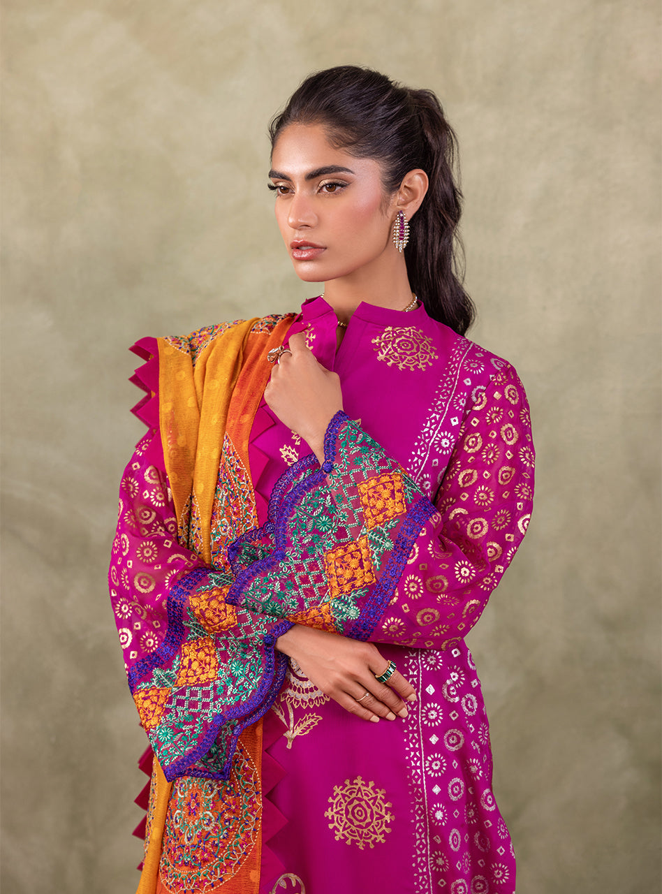 Pakistani Magenta Block Printed Pure Chiffon Salwar Kameez (3-Piece) - Image 8