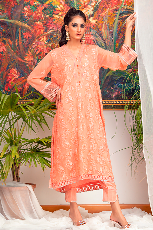Pakistani Peach Embroidered Chiffon Salwar Kameez (2-Piece) - Image 2