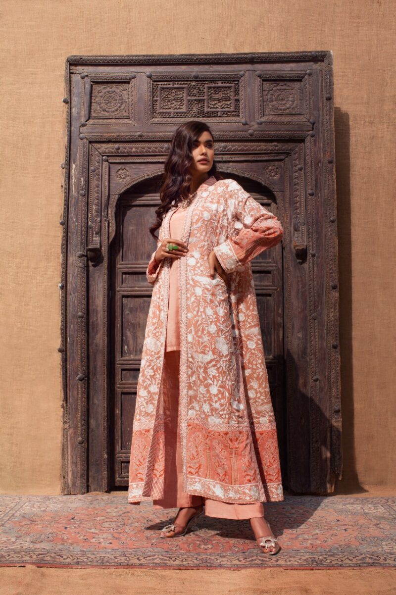 Pakistani Salmon Pink Embroidered Chiffon Long Coat Set (3-Piece) - Image 1