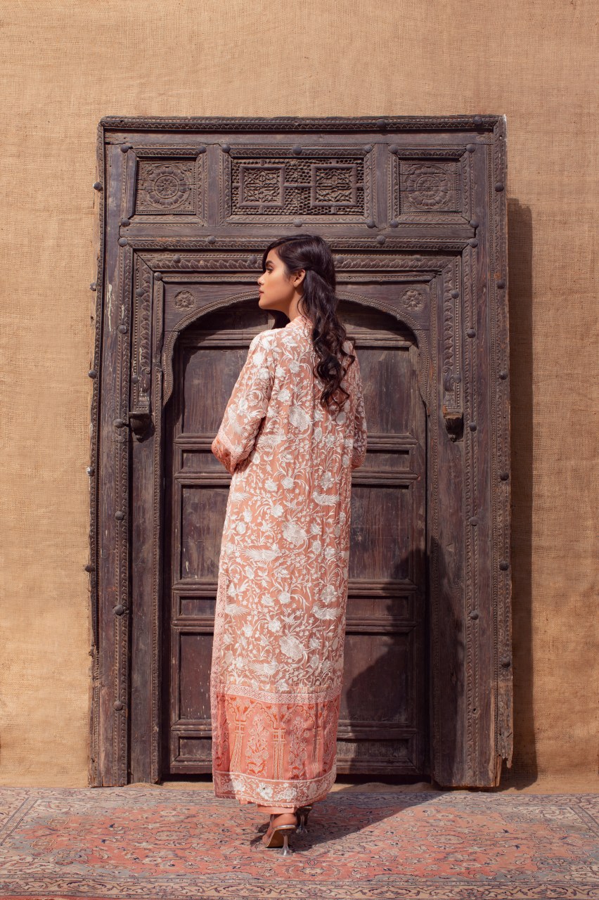 Pakistani Salmon Pink Embroidered Chiffon Long Coat Set (3-Piece) - Image 3