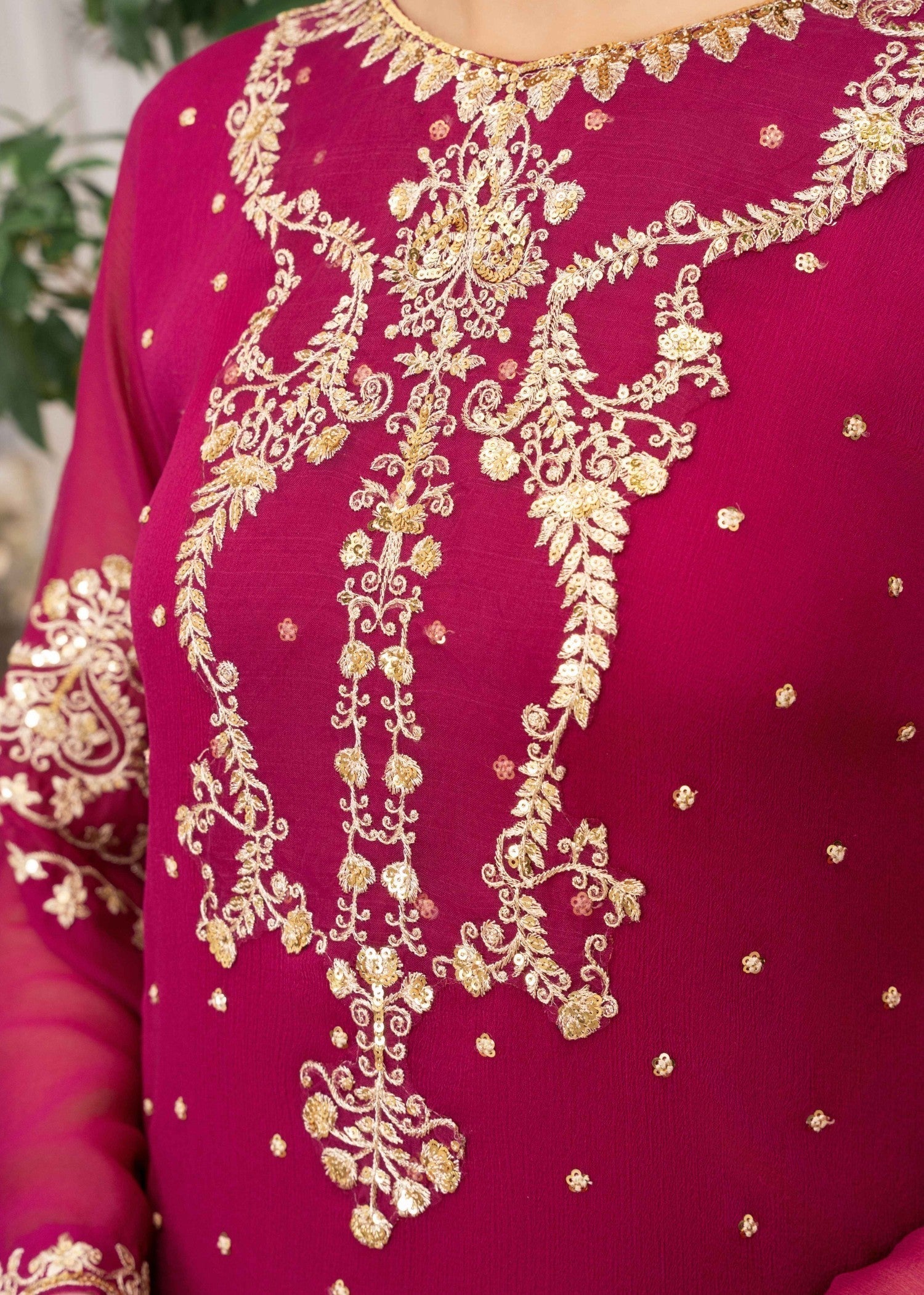 Pakistani Magenta Embroidered Chiffon Kurta Set (3-Piece) - Image 5