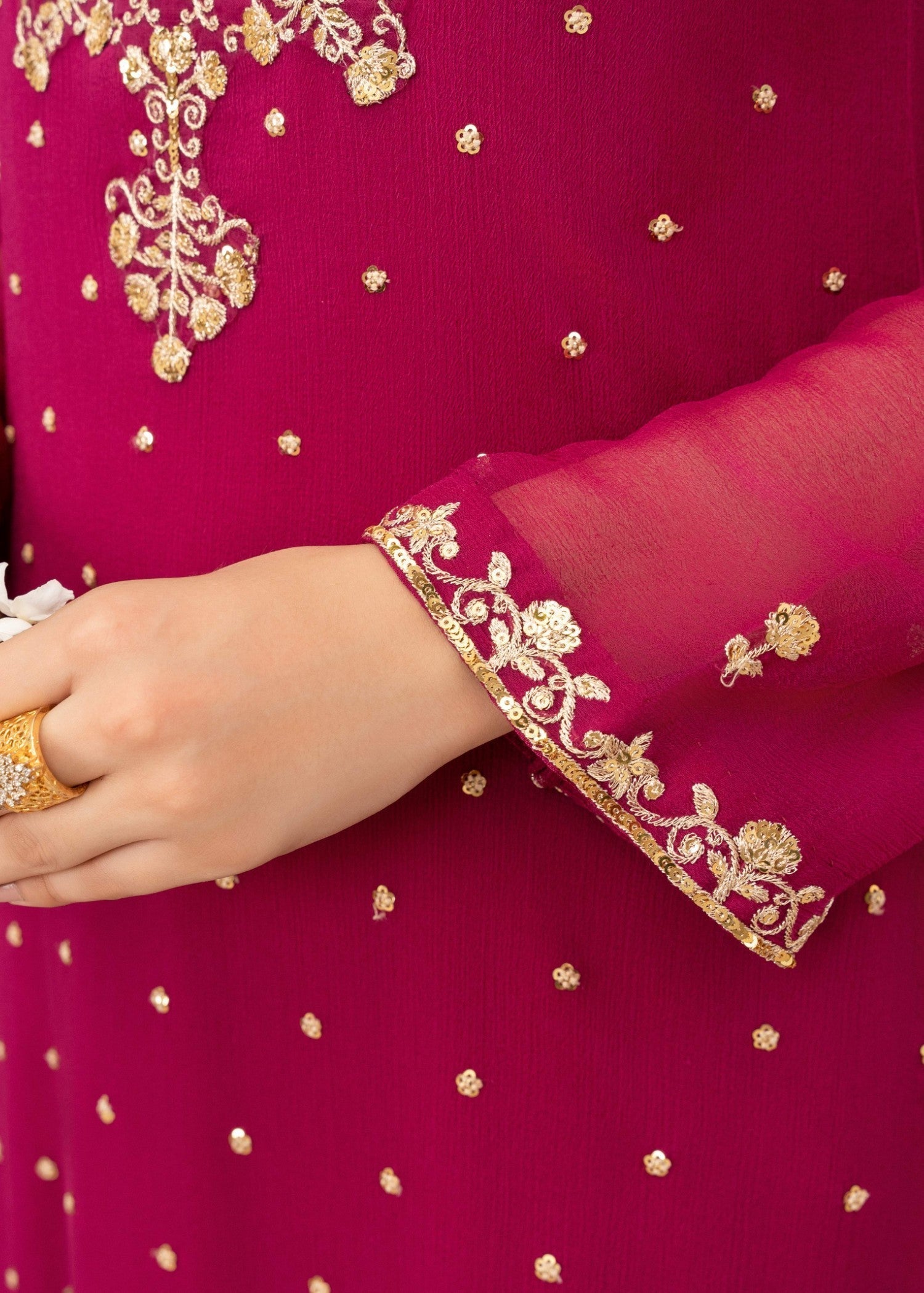 Pakistani Magenta Embroidered Chiffon Kurta Set (3-Piece) - Image 6