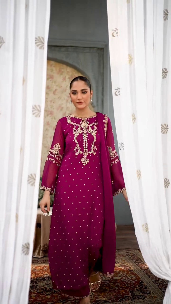 Pakistani Magenta Embroidered Chiffon Kurta Set (3-Piece) - Image 8