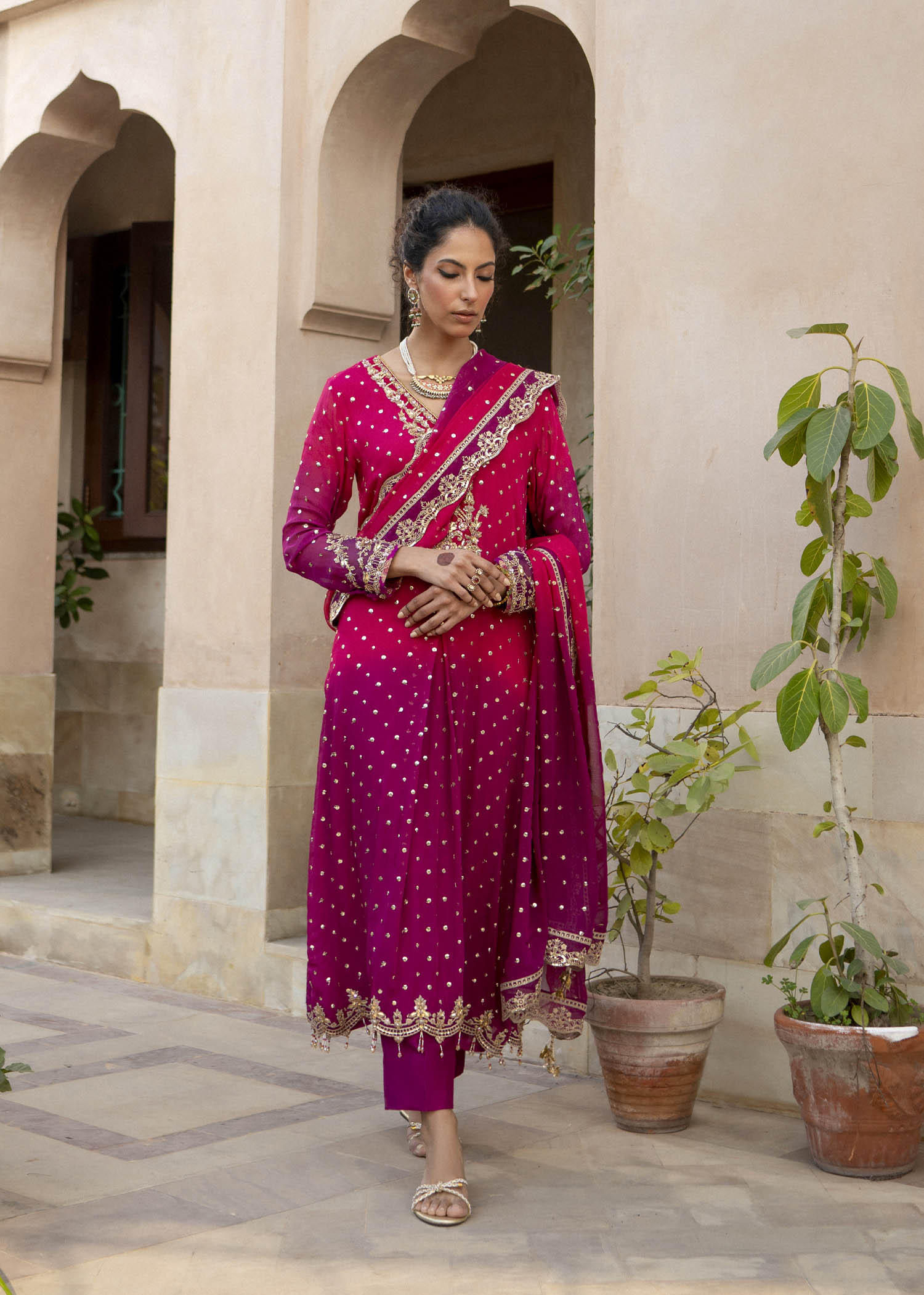 Magenta Embroidered Chiffon & Raw Silk Salwar Kameez (3-Piece) - Image 1
