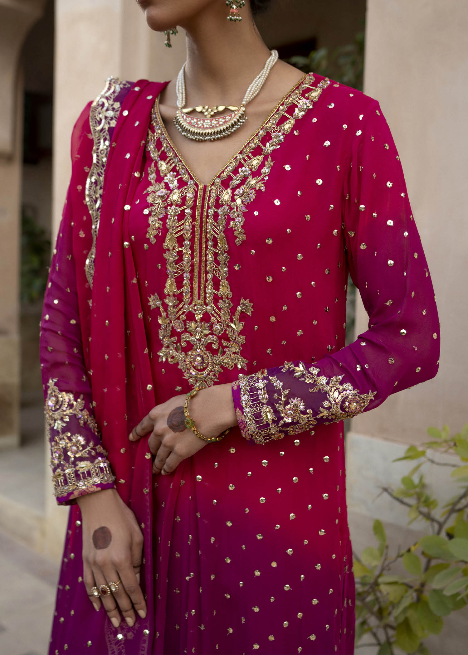 Magenta Embroidered Chiffon & Raw Silk Salwar Kameez (3-Piece) - Image 2