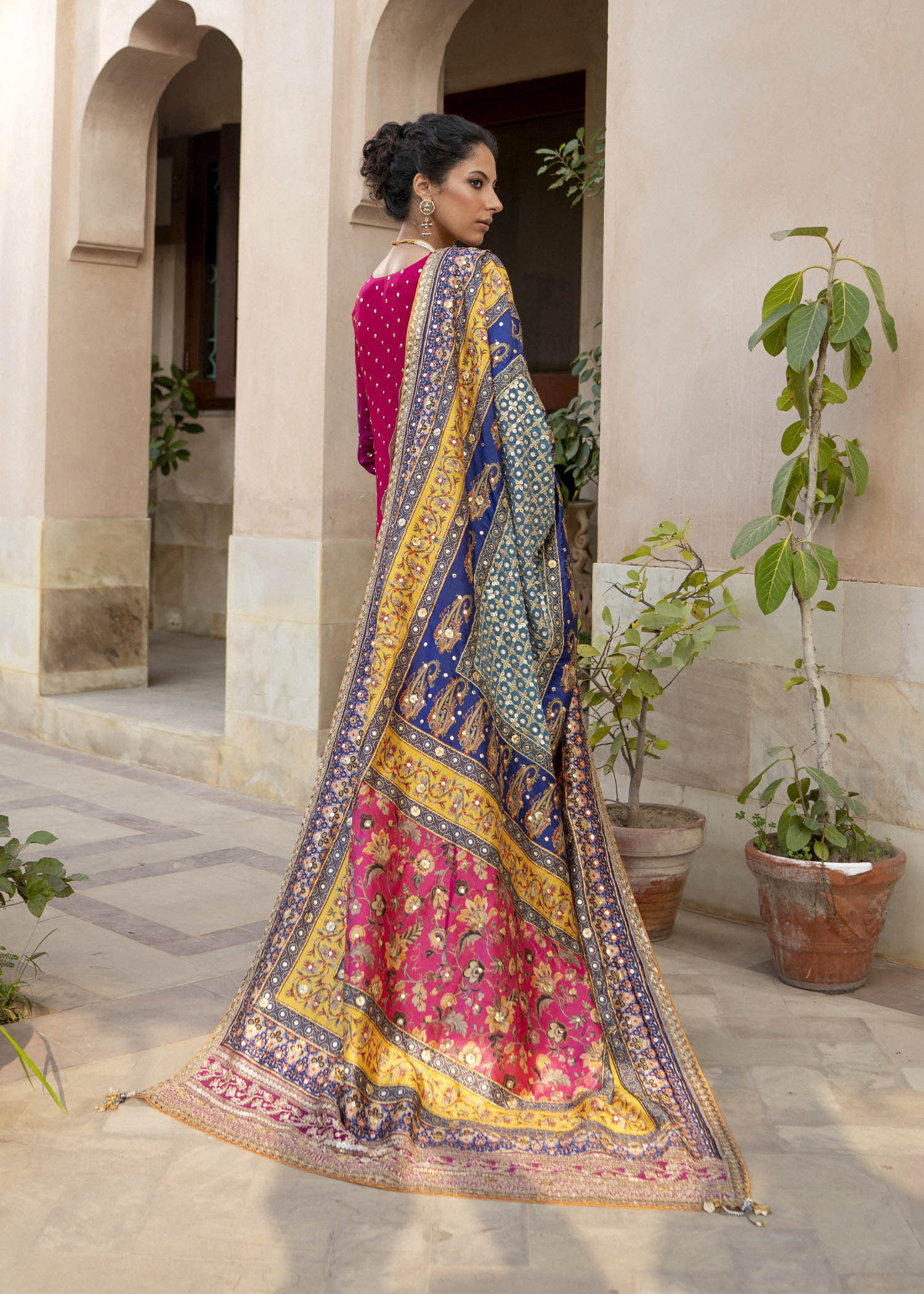 Magenta Embroidered Chiffon & Raw Silk Salwar Kameez (3-Piece) - Image 4