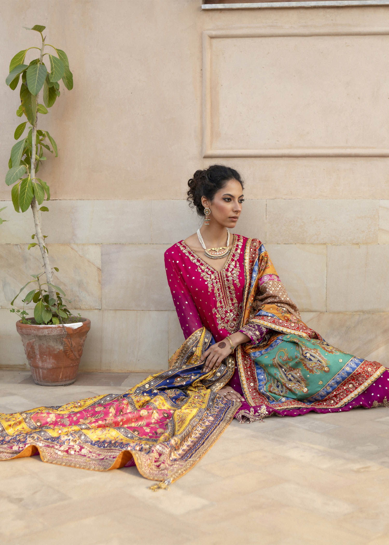 Magenta Embroidered Chiffon & Raw Silk Salwar Kameez (3-Piece) - Image 6