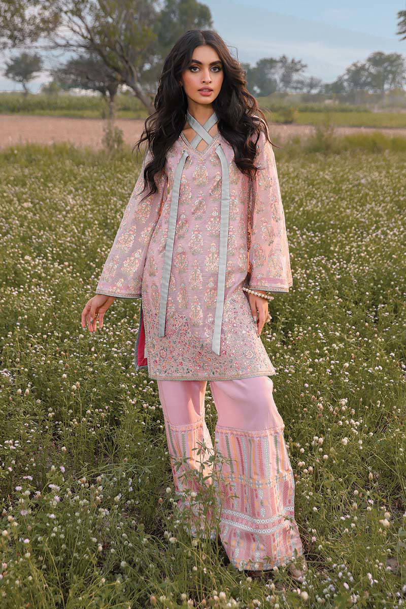 Pakistani Pale Pink Embellished Chiffon Jacquard Salwar Kameez (2-Piece) - Image 1