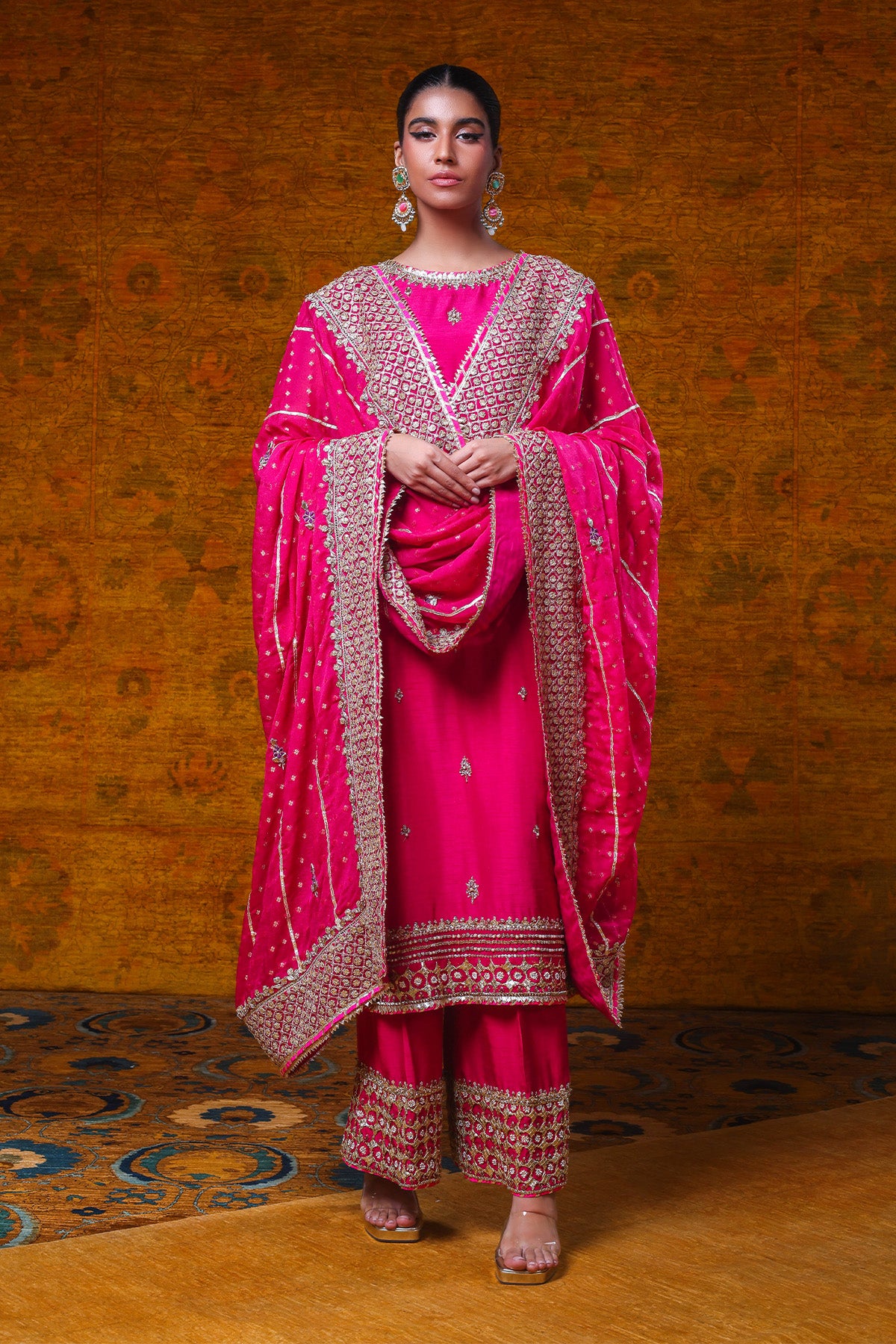 Hot Pink Gota Embroidered Chiffon Jamawar Salwar Kameez (3-Piece) - Image 1
