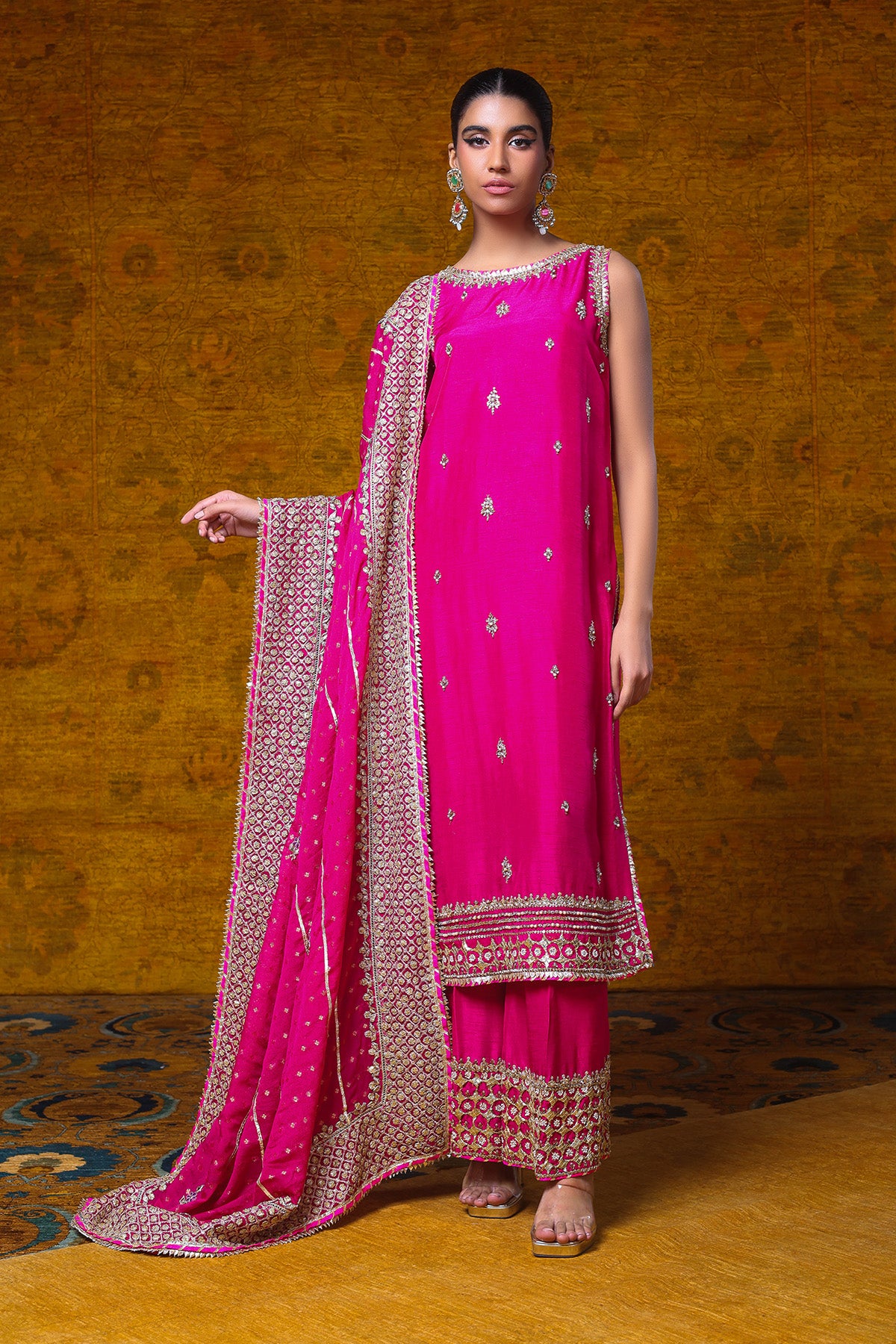 Hot Pink Gota Embroidered Chiffon Jamawar Salwar Kameez (3-Piece) - Image 2