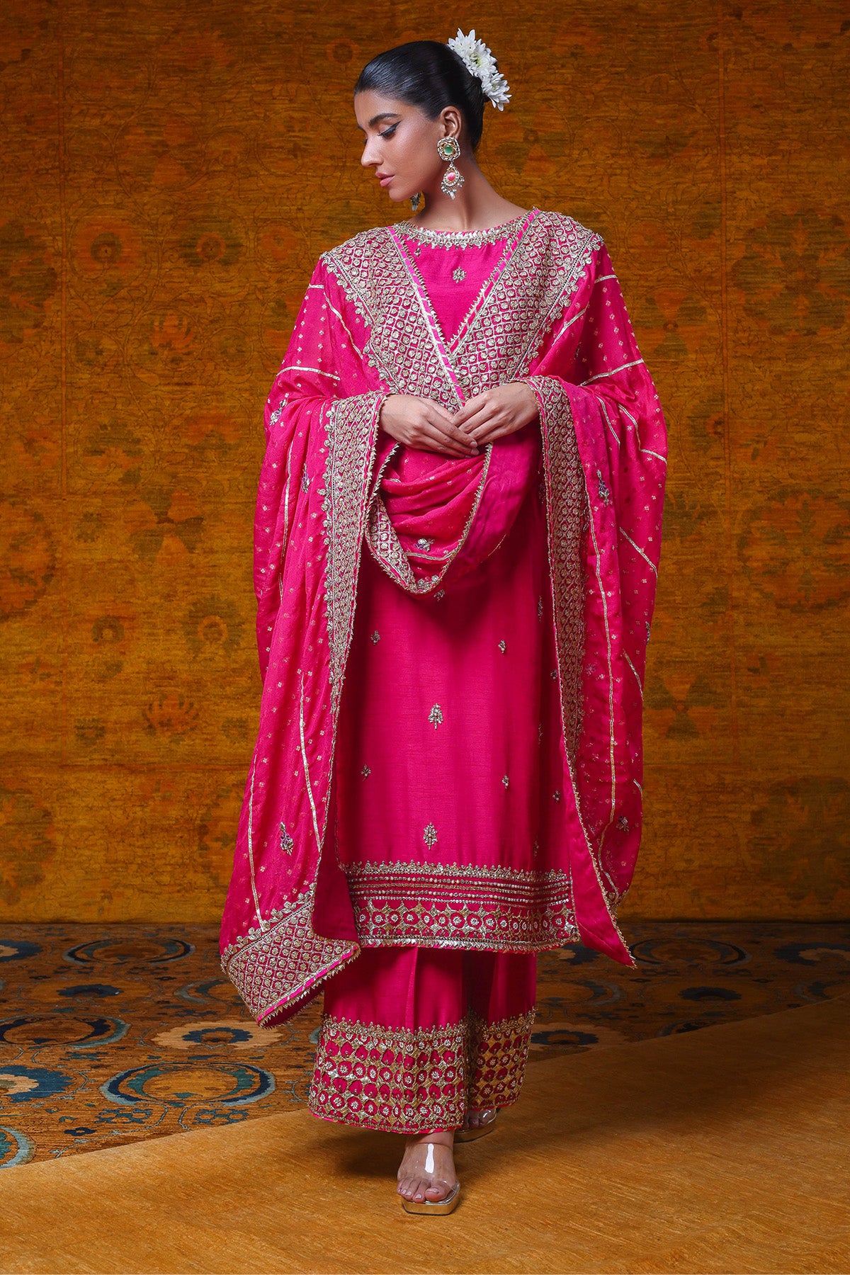 Hot Pink Gota Embroidered Chiffon Jamawar Salwar Kameez (3-Piece) - Image 3