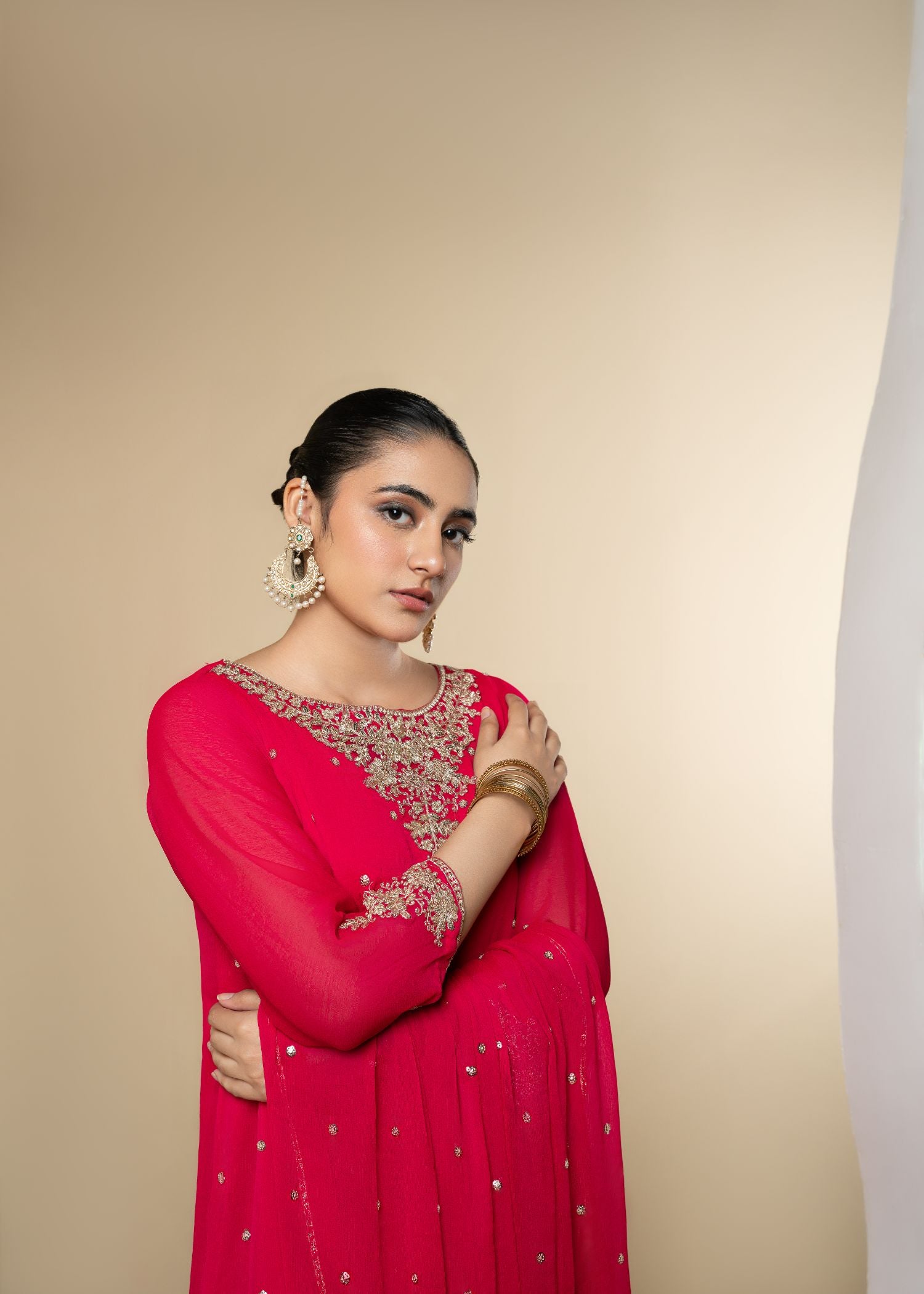 Pink Embroidered Chiffon Kurta Set (3-Piece) - Image 3