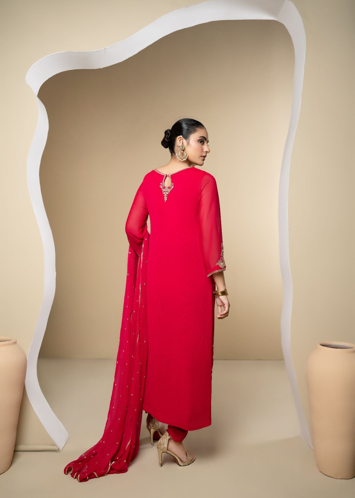 Pink Embroidered Chiffon Kurta Set (3-Piece) - Image 4