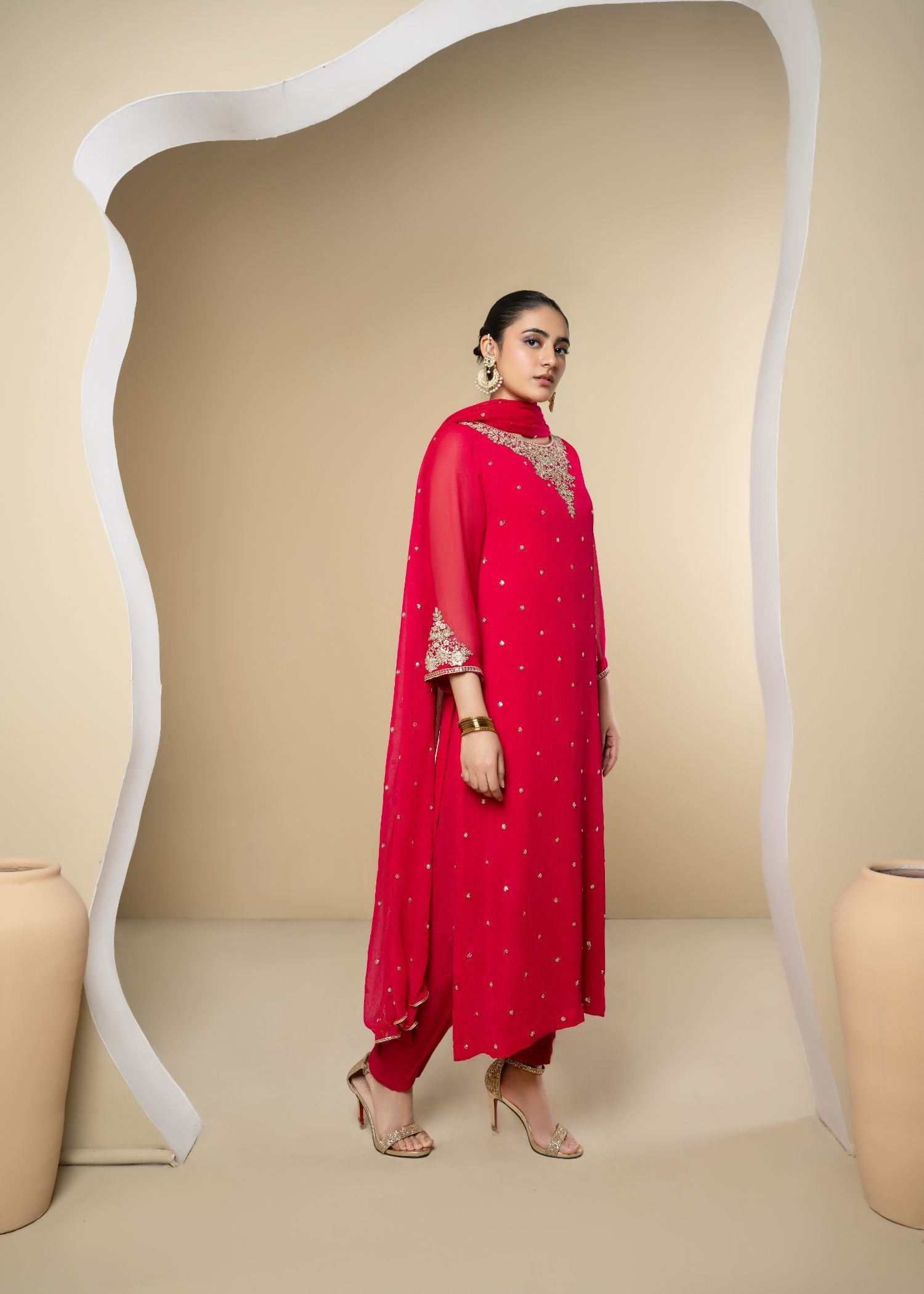 Pink Embroidered Chiffon Kurta Set (3-Piece) - Image 5