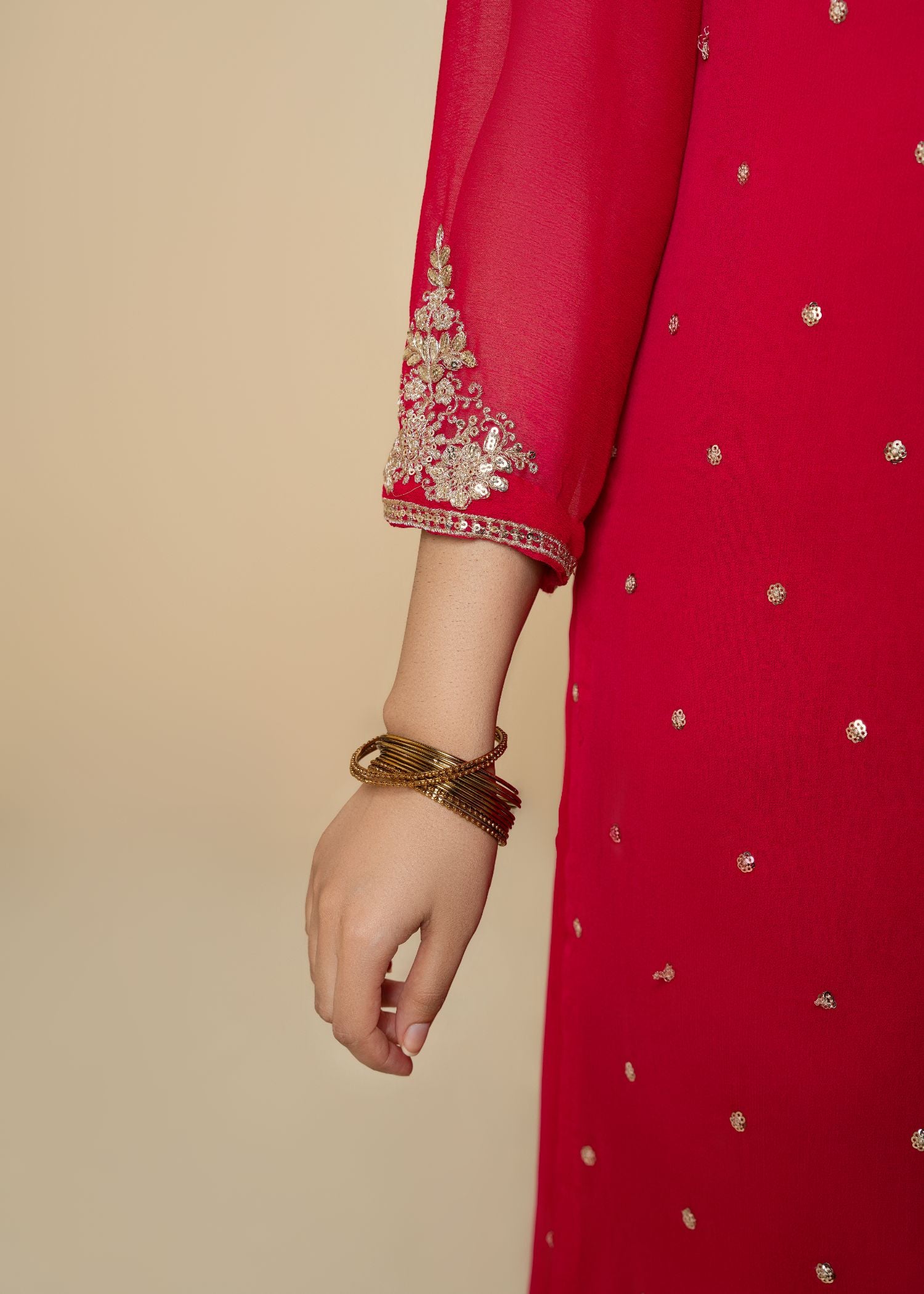 Pink Embroidered Chiffon Kurta Set (3-Piece) - Image 6