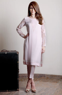 Soft Pink Embellished Chiffon & Raw Silk Salwar Kameez (2-Piece) - Image 1