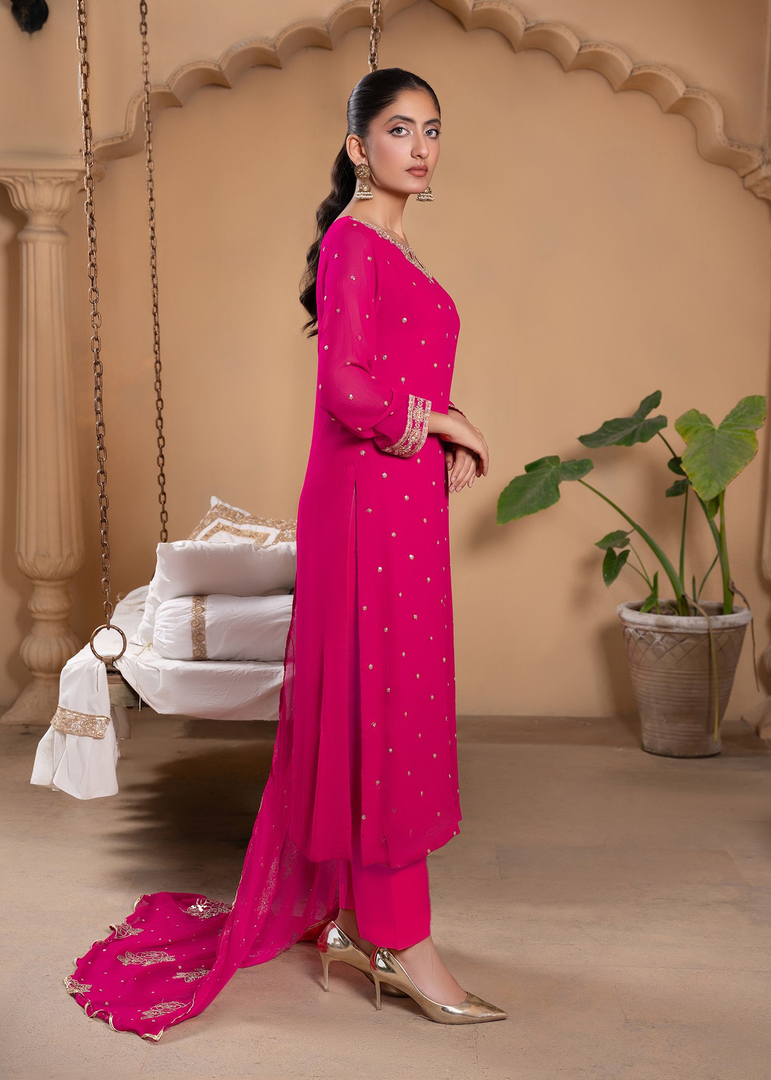Pink Sequin Embroidered Chiffon Kurta Set (3-Piece) - Image 2