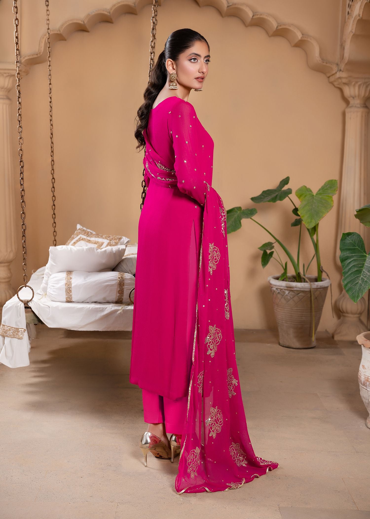 Pink Sequin Embroidered Chiffon Kurta Set (3-Piece) - Image 3