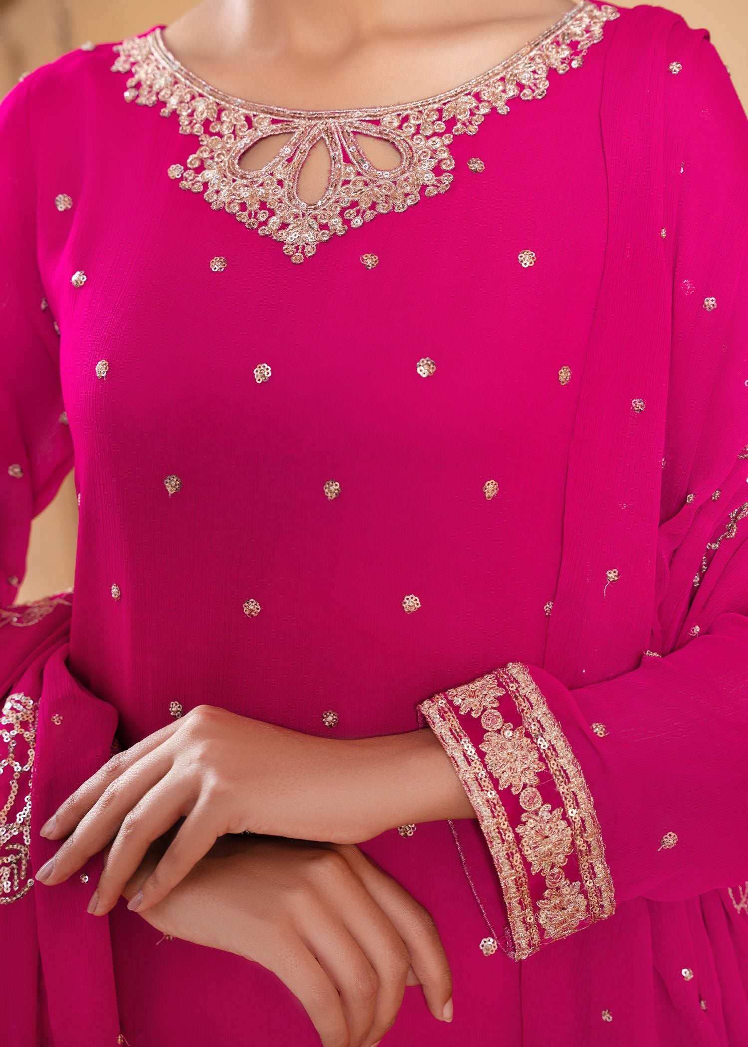 Pink Sequin Embroidered Chiffon Kurta Set (3-Piece) - Image 4