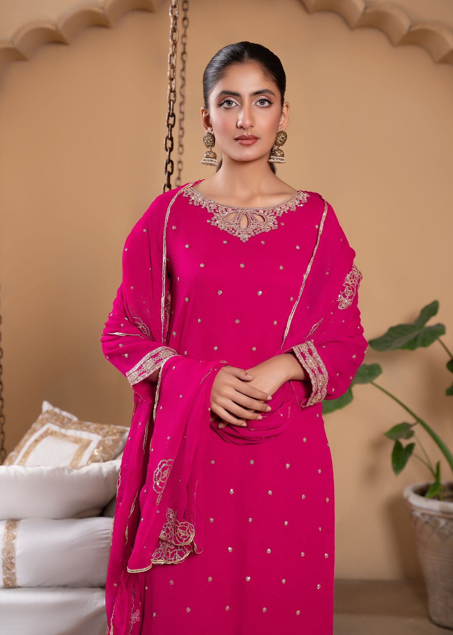 Pink Sequin Embroidered Chiffon Kurta Set (3-Piece) - Image 5