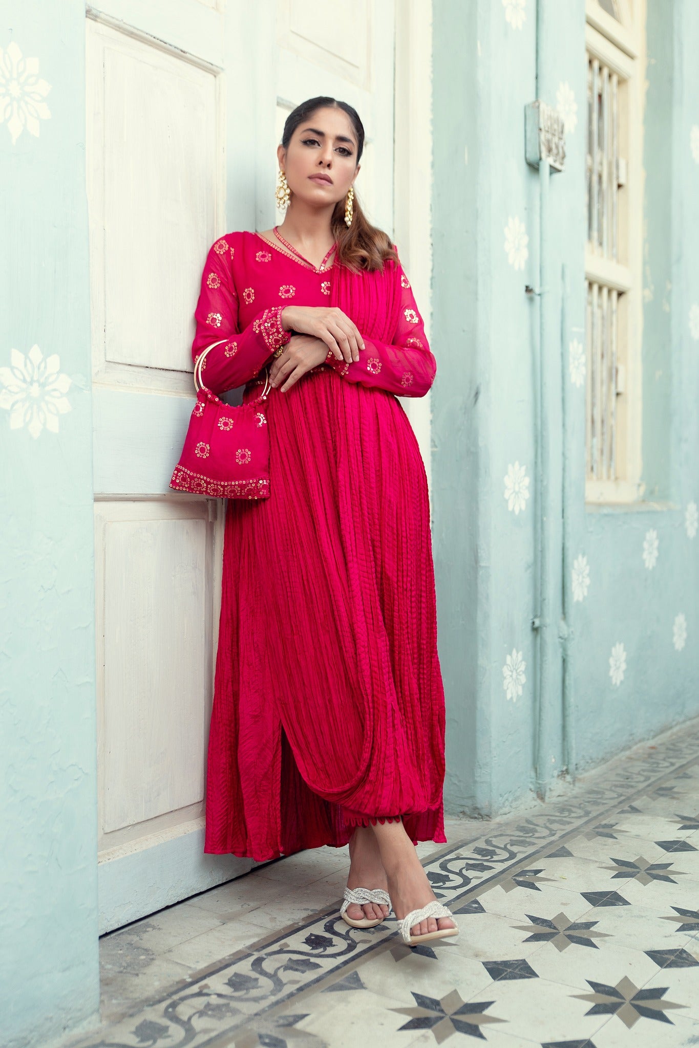 Hot Pink Sequin Chiffon Cotton Silk Draped Dress (2-Piece) - Image 1