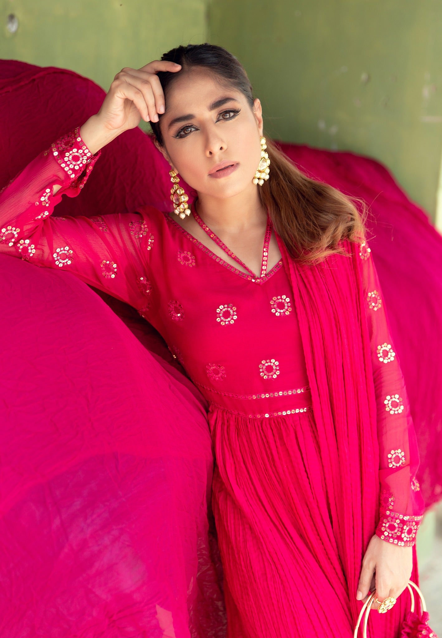 Hot Pink Sequin Chiffon Cotton Silk Draped Dress (2-Piece) - Image 10