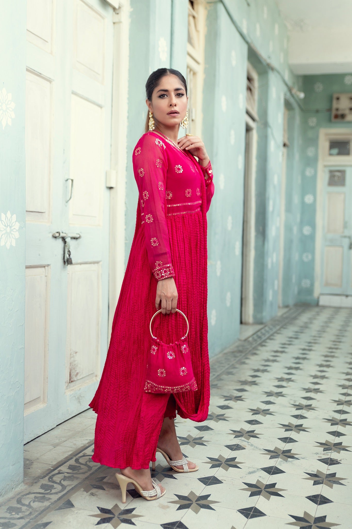 Hot Pink Sequin Chiffon Cotton Silk Draped Dress (2-Piece) - Image 11