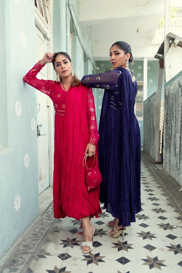 Hot Pink Sequin Chiffon Cotton Silk Draped Dress (2-Piece) - Image 3