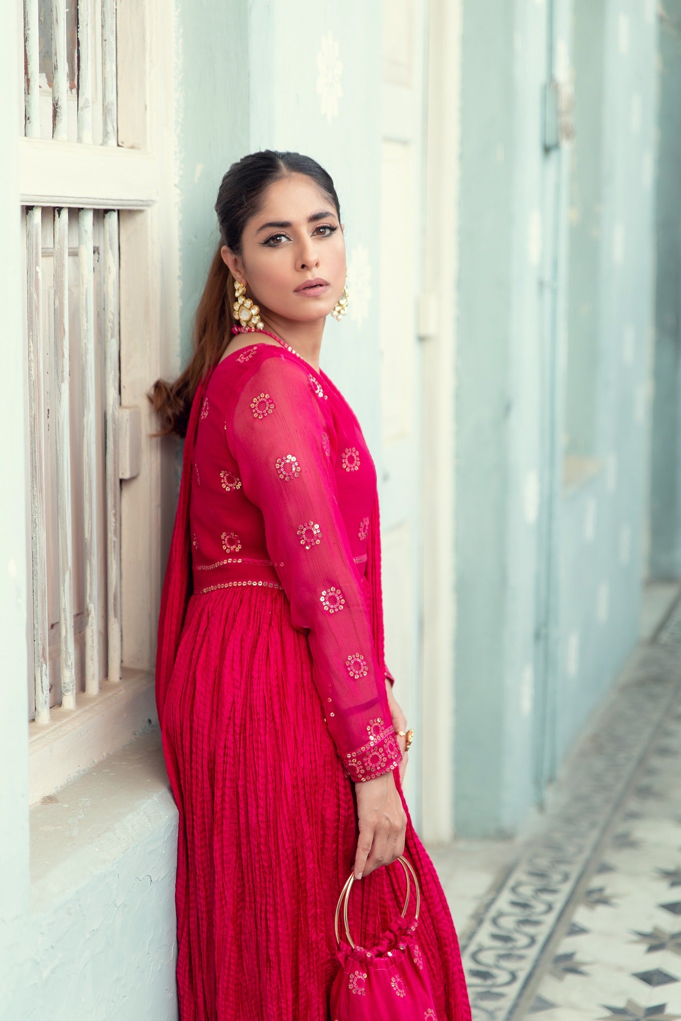 Hot Pink Sequin Chiffon Cotton Silk Draped Dress (2-Piece) - Image 4